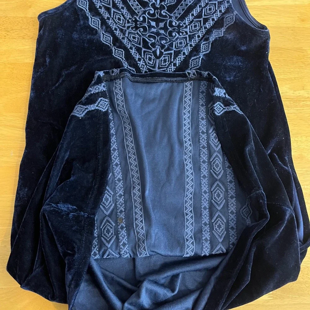 THML Navy Blue Velvet Embroidered Sleeveless Mini Shift Dress Pockets XS